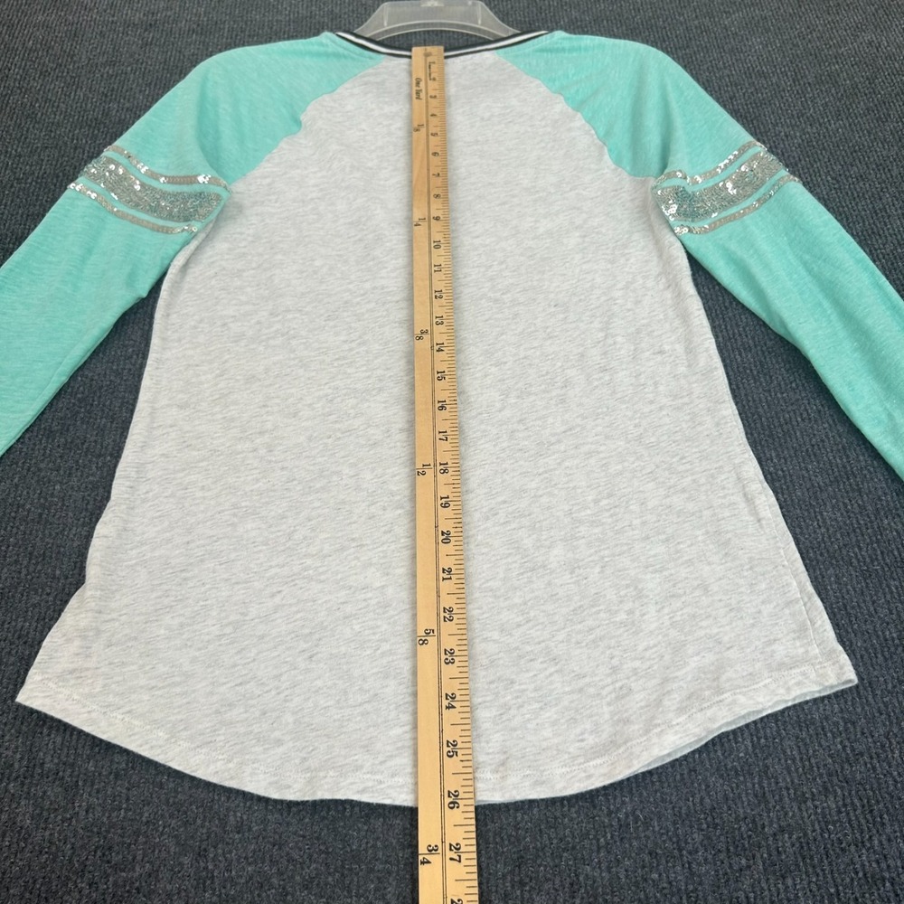 PINK Victoria's Secret Seafoam Bling Logo Women's XS Baseball 3/4 Sleeve Tee Y2K - Picture 9 of 11
